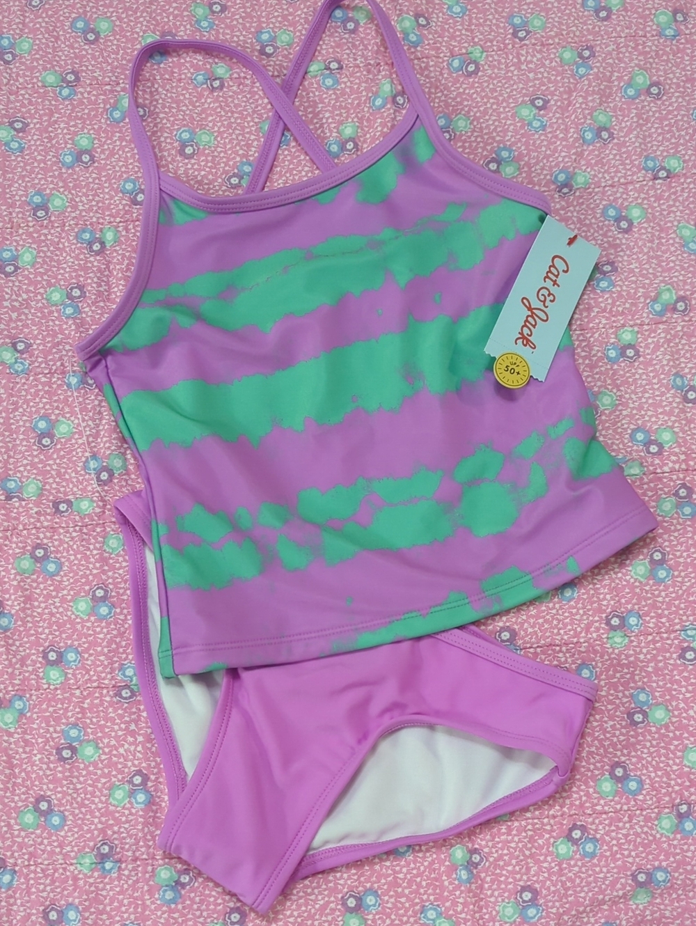 Cat & Jack Purple and Green Tie-Dye Girls Tankini Set, Size 8